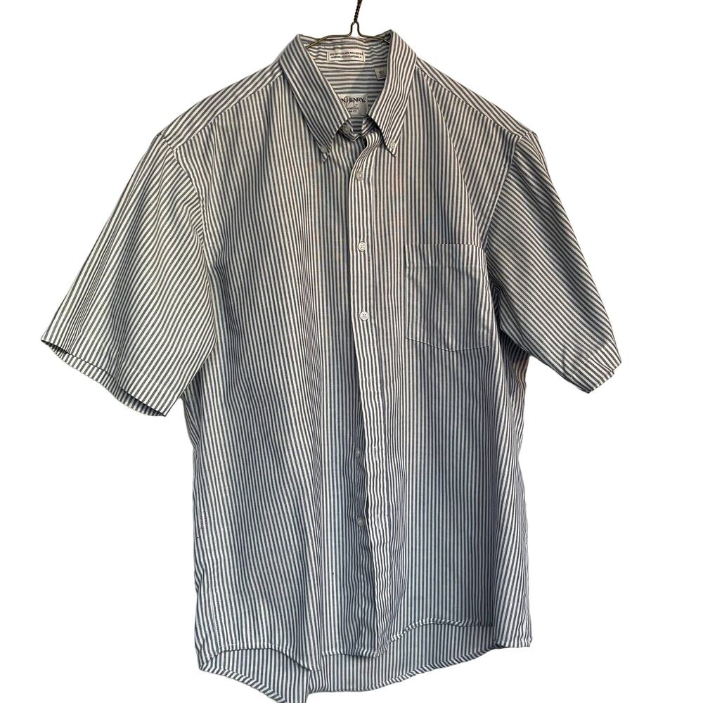 John Henry Men Dress Shirt short sleeve 16.5 golden needle stripe blue white